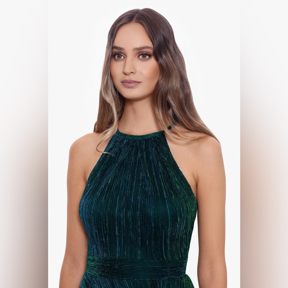 Betsy & Adam Metallic Emerald Halter Gown NWT Formal Evening Dress - Picture 2 of 3